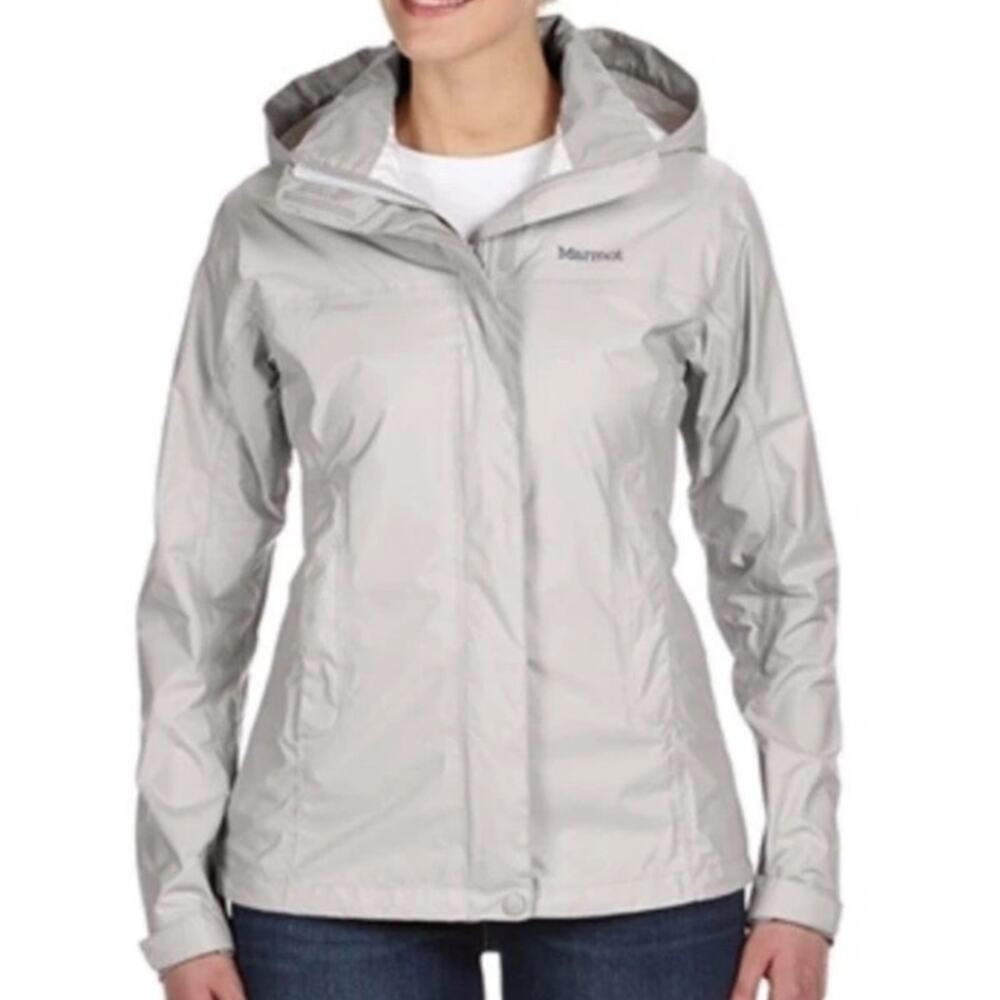 Marmot Rain Jacket Precip Eco Light Gray Womens Medium Backpacking Camping Hood